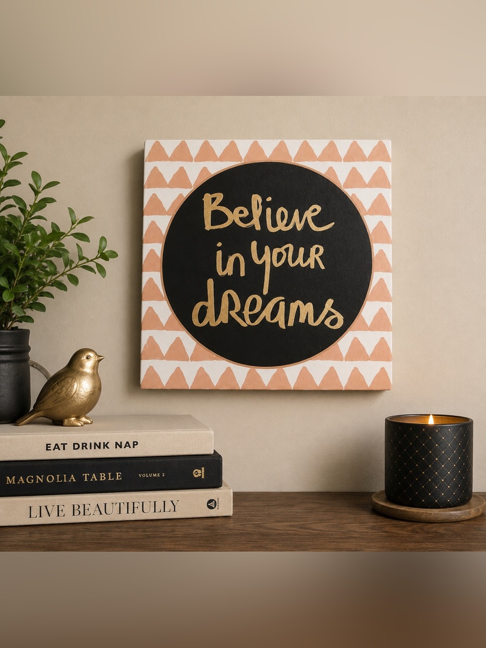 Believe In Your Dreams Wall Art Gold & Black Motivational Quote Decor Modern